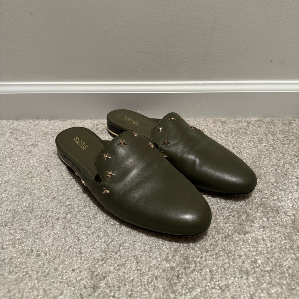 Michael Kors mules. Olive green with army stars